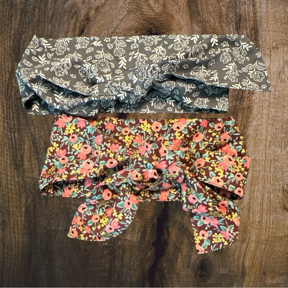 Earth Magic Grey Floral/Blue Floral Set/2 Wide Hair Tie Retro Headband Bow Wrap